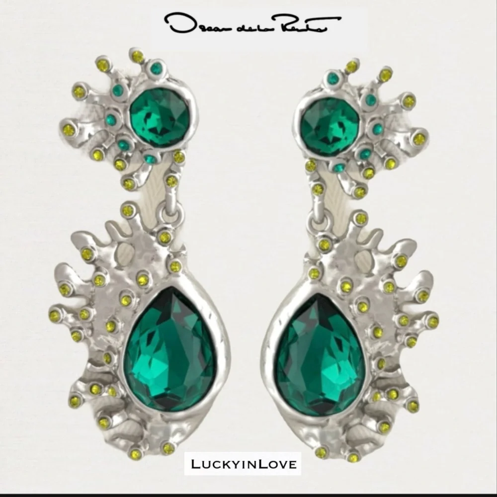 Oscar de la Renta • Silver Emerald Green Crystal Cactus Drop Post Earrings